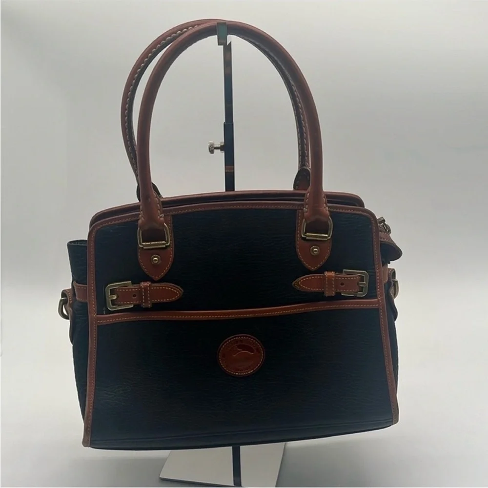 Vintage Dooney & Bourke Navy Double Buckle Leather Double Handle Satchel BLEMISH